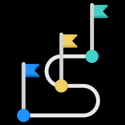 Une illustration représentant un chemin avec des drapeaux de différentes couleurs et des points, symbolisant un parcours ou une progression, pour illustrer l'accompagnement dédié par Keystone Recrutement.