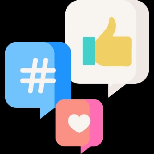 Icônes de bulles de dialogue avec un symbole de hashtag, un pouce levé et un cœur pour le marketing et communication