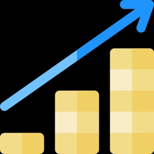 Graphique en barres représentant une tendance à la hausse avec trois barres jaunes et une flèche bleue pointant vers le haut, pour illustrer l'optimisation de votre trésorerie grâce aux services de Keystone Recrutement