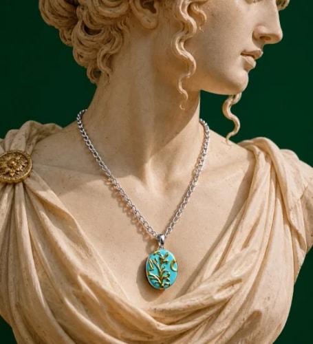 Buste de statue classique en marbre portant un collier en chaîne argentée avec un pendentif ovale bleu turquoise orné d'un motif doré en relief sur fond vert.