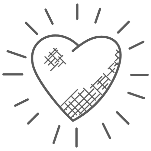 Dessin d'un cœur avec des coutures, entouré de rayons lumineux