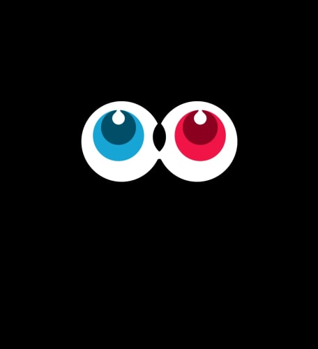 Deux yeux stylisés sur un fond noir, un œil bleu à gauche et un œil rouge à droite.