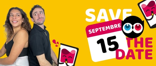 Deux personnes de dos, un homme et une femme, posent avec un fond jaune et une illustration d'un calendrier indiquant le 15 septembre avec le texte "Save the Date" pour une campagne de crowdfunding.