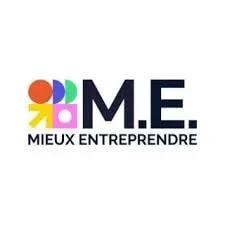 Logo M.E. Mieux Entreprendre avec des formes colorées à gauche et le texte en noir