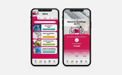 Deux smartphones affichant une application en français avec des défis écologiques, le premier écran montre une liste de défis comme réduire la douche, baisser le chauffage, cuisiner maison, utiliser un programme éco pour le lave-vaisselle, et le second écran détaille le défi de baisser le chauffage d'1°C avec les économies réalisées et statistiques de participation.