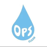 Goutte d'eau bleue avec les lettres blanches OPS au centre et le mot CLEAN en bas à droite