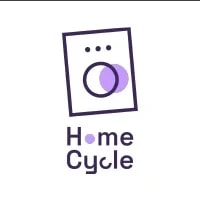 Logo avec deux cercles entrelacés sous un cadre rectangulaire incliné, avec le texte Home Cycle en dessous, le o de Home est remplacé par un cercle rempli violet