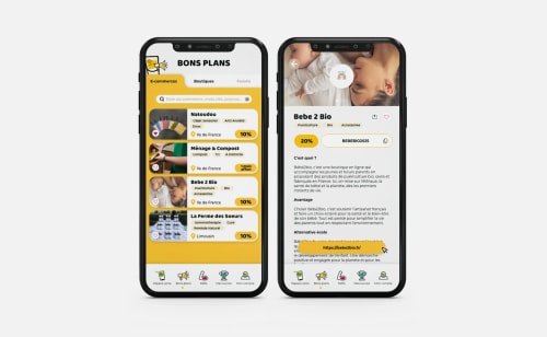 Deux téléphones affichant une application mobile de bons plans, avec une liste de commerces écoresponsables proposant des réductions et un descriptif détaillé d'une boutique bio pour bébés.